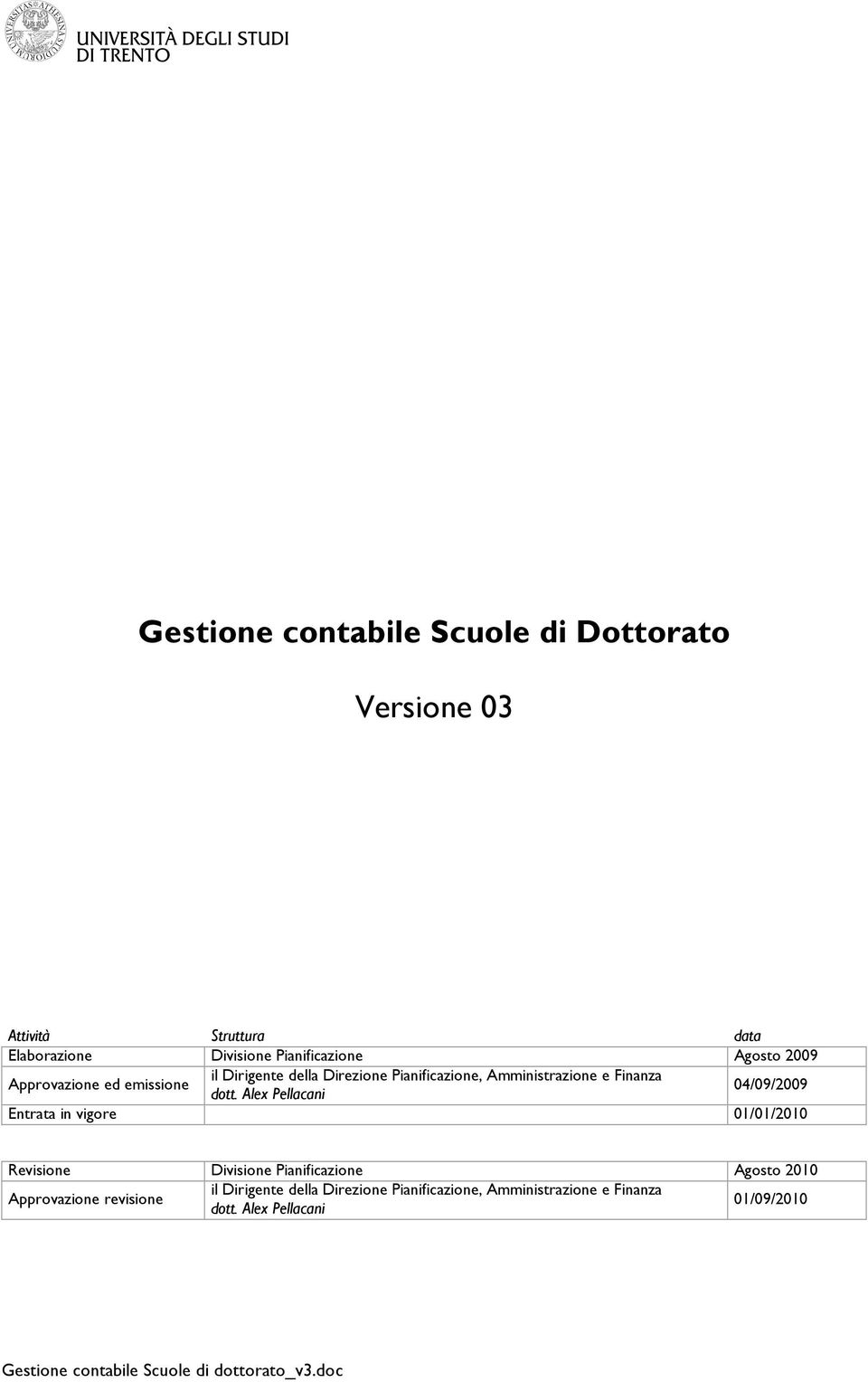 Alex Pellacani 04/09/2009 Entrata in vigore 01/01/2010 Revisione Divisione Pianificazione Agosto 2010 Approvazione revisione