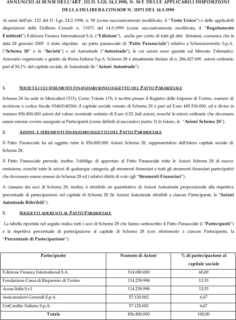 A. ( Edizione ), anche per conto di tutti gli altri firmatari, comunica che in data 28 gennaio 2005 è stato stipulato un patto parasociale (il Patto Parasociale ) relativo a Schemaventotto S.p.A. ( Schema 28 o la Società ) e ad Autostrade ( Autostrade ), le cui azioni sono quotate sul Mercato Telematico Azionario organizzato e gestito da Borsa Italiana S.