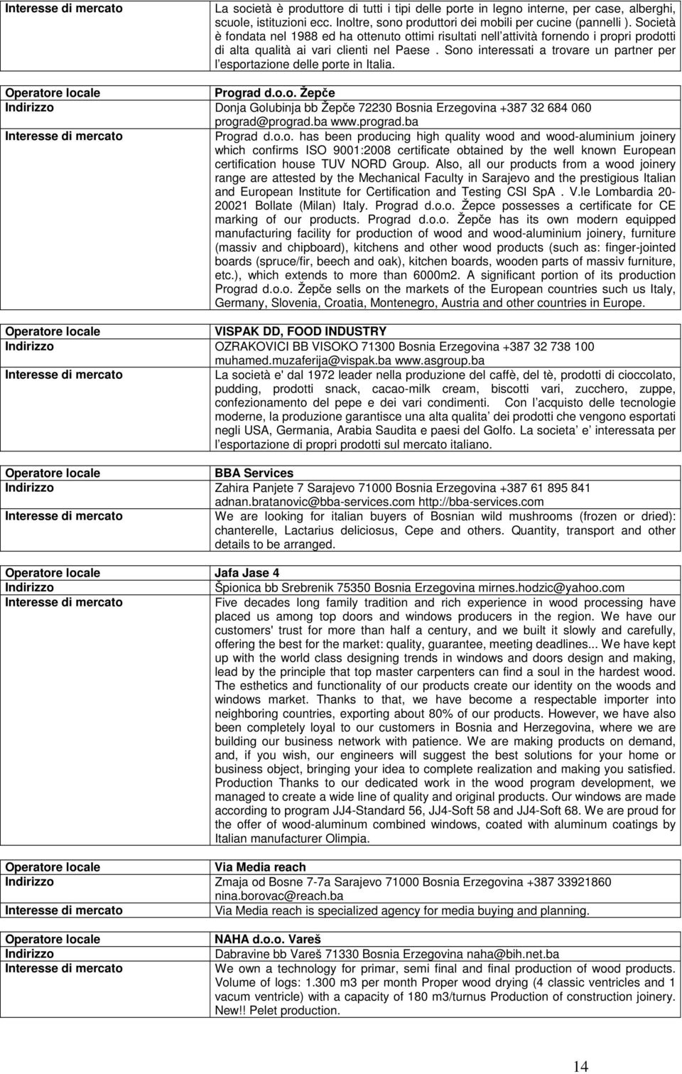 Sono interessati a trovare un partner per l esportazione delle porte in Italia. Prograd d.o.o. Žepče Indirizzo Donja Golubinja bb Žepče 72230 Bosnia Erzegovina +387 32 684 060 prograd@prograd.ba www.