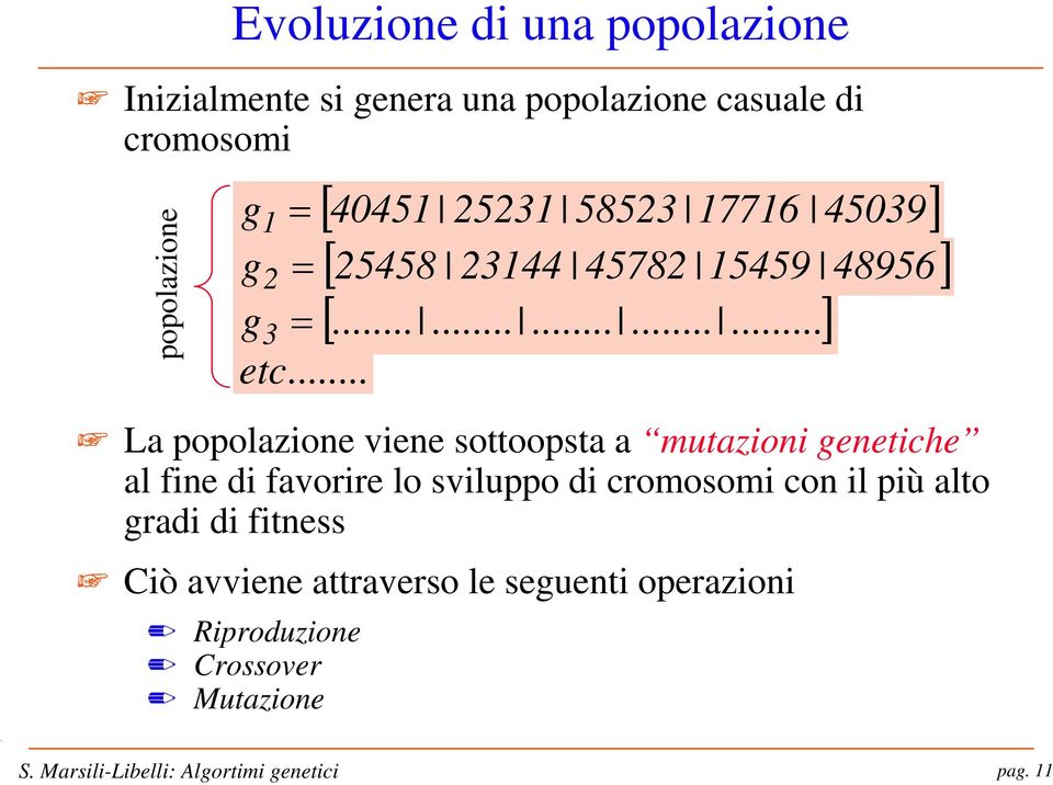 .. La popolazione viene sottoopsta a mutazioni genetiche al fine di favorire lo sviluppo di cromosomi