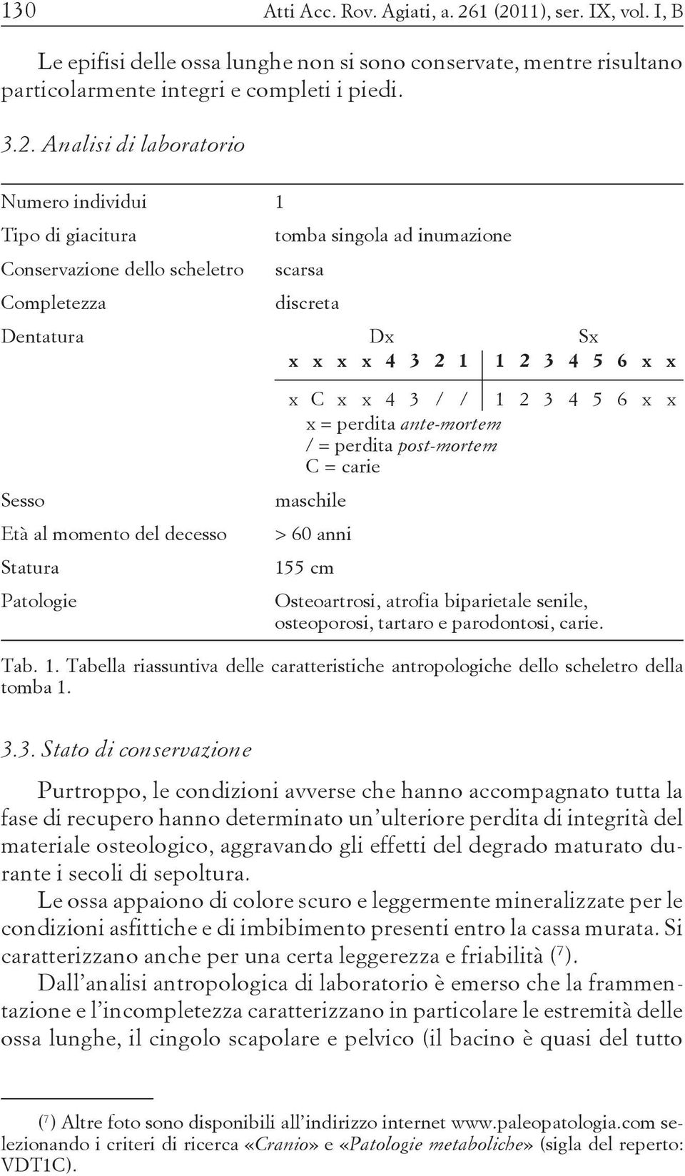 giacitura tomba singola ad inumazione Conservazione dello scheletro scarsa Completezza discreta Dentatura Dx Sx x x x x 4 3 2 1 1 2 3 4 5 6 x x Sesso Età al momento del decesso Statura Patologie x C