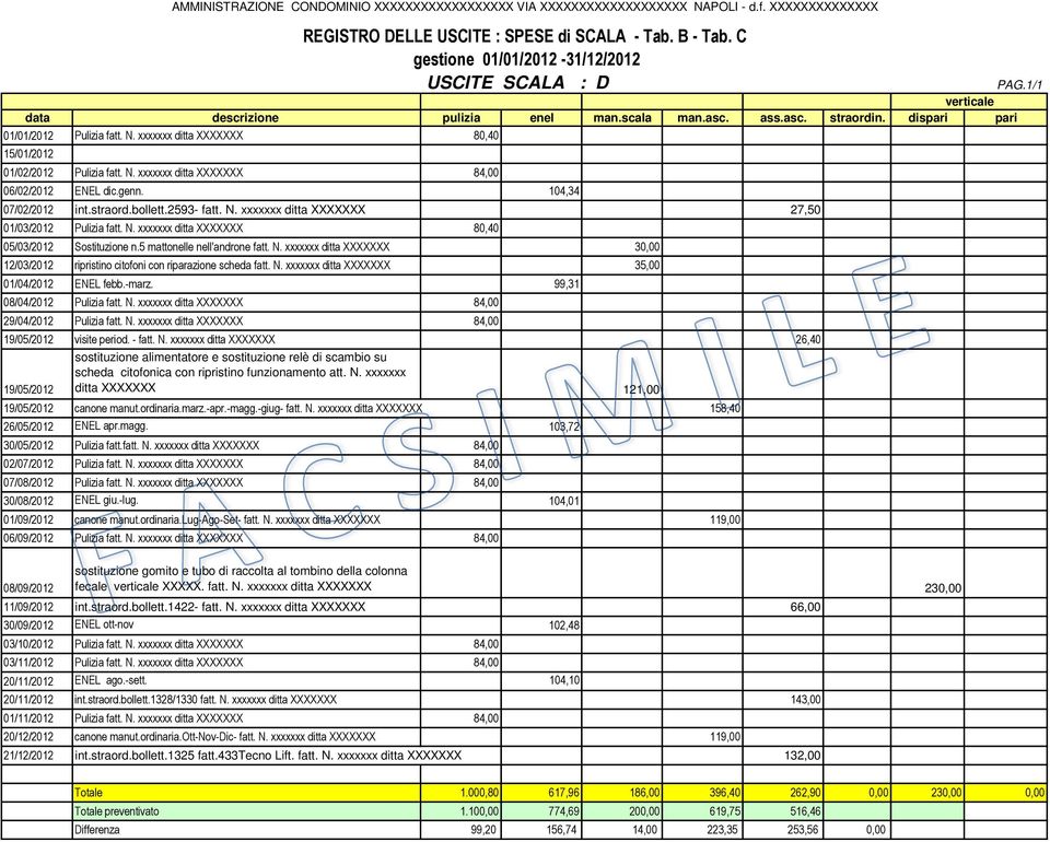 N. xxxxxxx 35,00 01/04/2012 ENEL febb.-marz. 99,31 08/04/2012 Pulizia fatt. N.