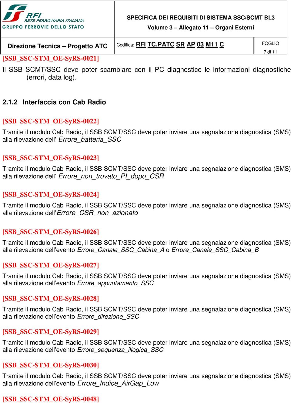 2.1.2 Interfaccia con Cab Radio [SSB_SSC-STM_OE-SyRS-0022] alla rilevazione dell Errore_batteria_SSC [SSB_SSC-STM_OE-SyRS-0023] alla rilevazione dell Errore_non_trovato_PI_dopo_CSR