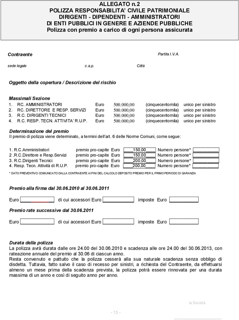 Partita I.V.A. sede legale c.a.p. Città Oggetto della copertura / Descrizione del rischio Massimali Sezione 1. RC. AMMINISTRATORI Euro 500.000,00 (cinquecentomila) unico per sinistro 2. RC. DIRETTORE E RESP.