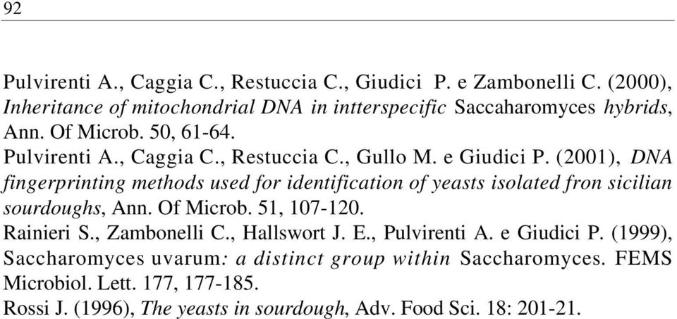 , Restuccia C., Gullo M. e Giudici P. (2001), D N A fingerprinting methods used for identification of yeasts isolated fron sicilian sourdoughs, Ann. Of Microb.