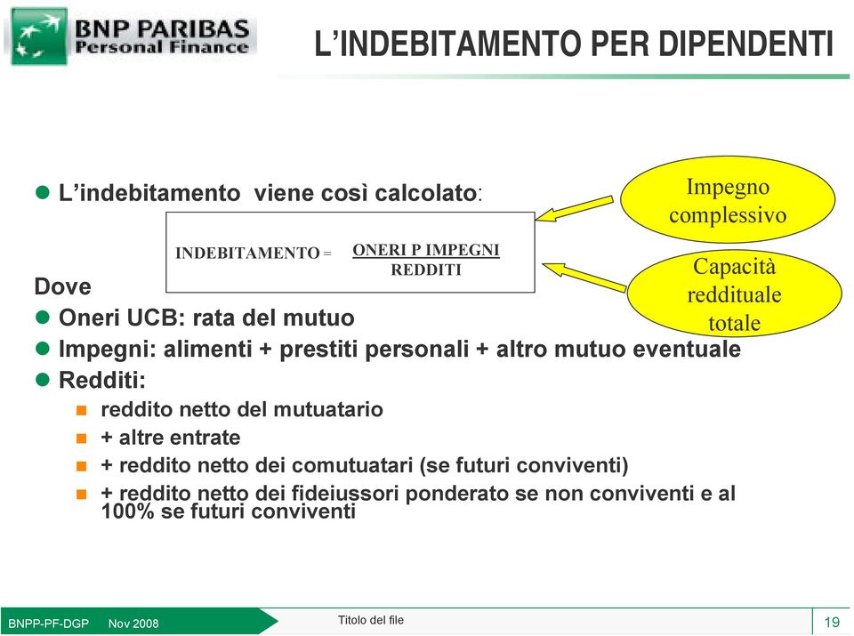 personali + altro mutuo eventuale Redditi: reddito netto del mutuatario + altre entrate + reddito netto dei