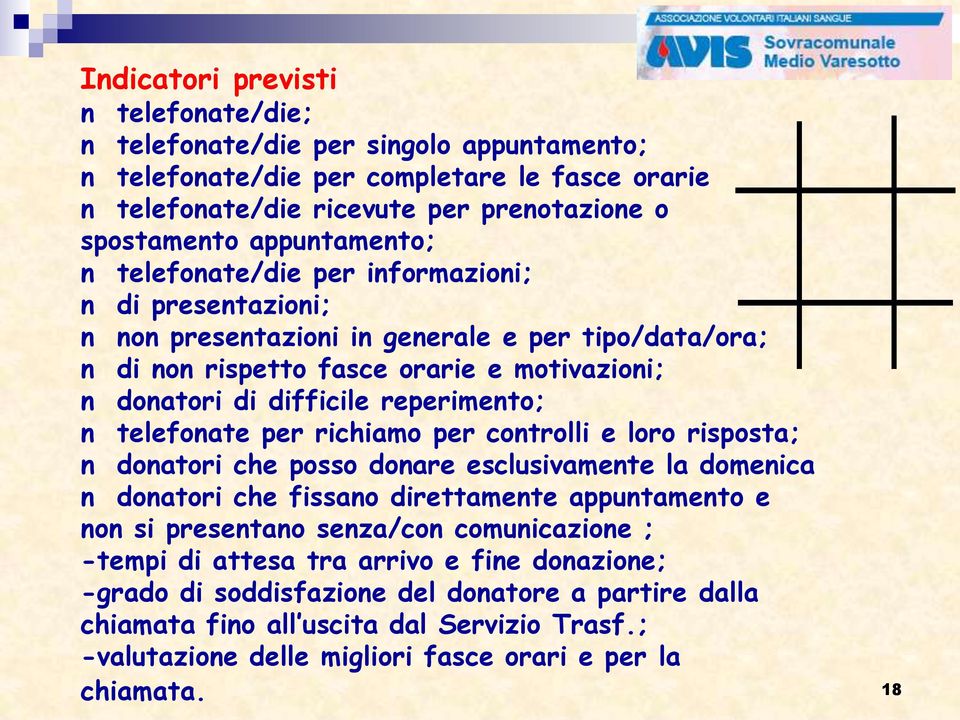 telefonate per richiamo per controlli e loro risposta; n donatori che posso donare esclusivamente la domenica n donatori che fissano direttamente appuntamento e non si presentano senza/con