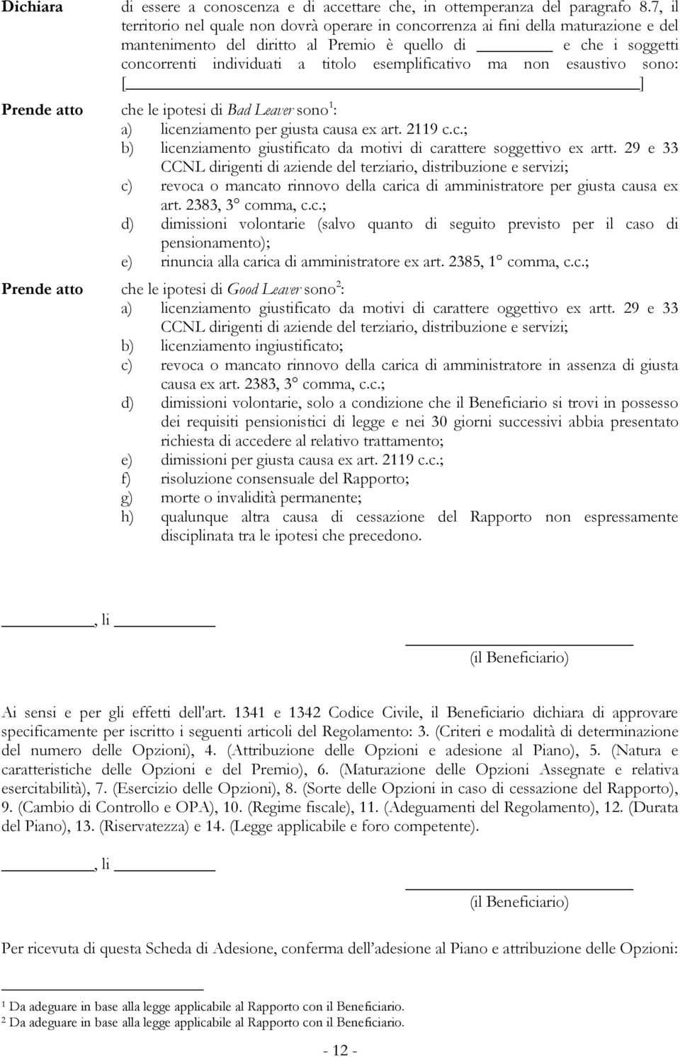 esemplificativo ma non esaustivo sono: [ ] Prende atto che le ipotesi di Bad Leaver sono 1 : a) licenziamento per giusta causa ex art. 2119 c.c.; b) licenziamento giustificato da motivi di carattere soggettivo ex artt.