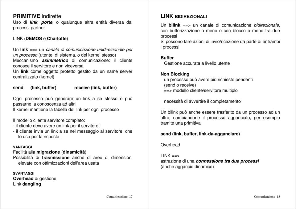 (kernel) send (link, buffer) receive (link, buffer) Ogni processo può generare un link a se stesso e può passarne la conoscenza ad altri Il kernel mantiene la tabella dei link per ogni processo Il