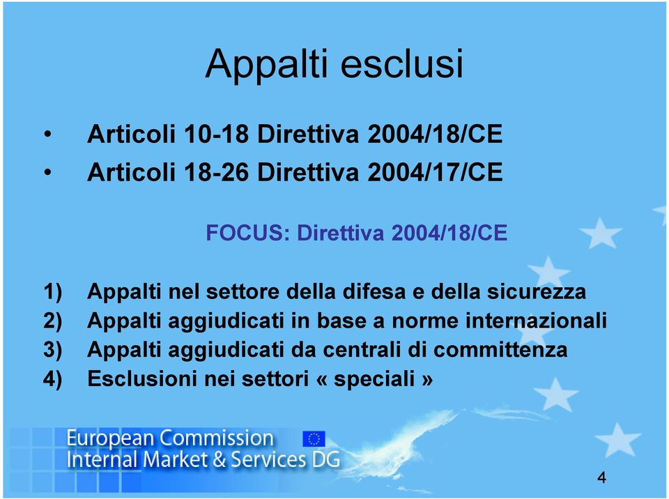 della sicurezza 2) Appalti aggiudicati in base a norme internazionali 3)