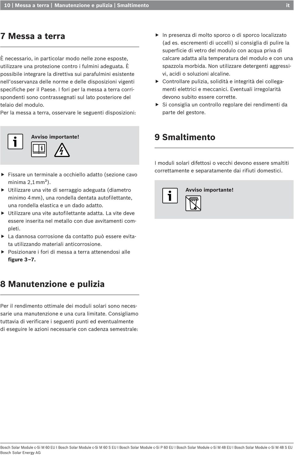 I fori per la messa a terra corrispondenti sono contrassegnati sul lato posteriore del telaio del modulo.