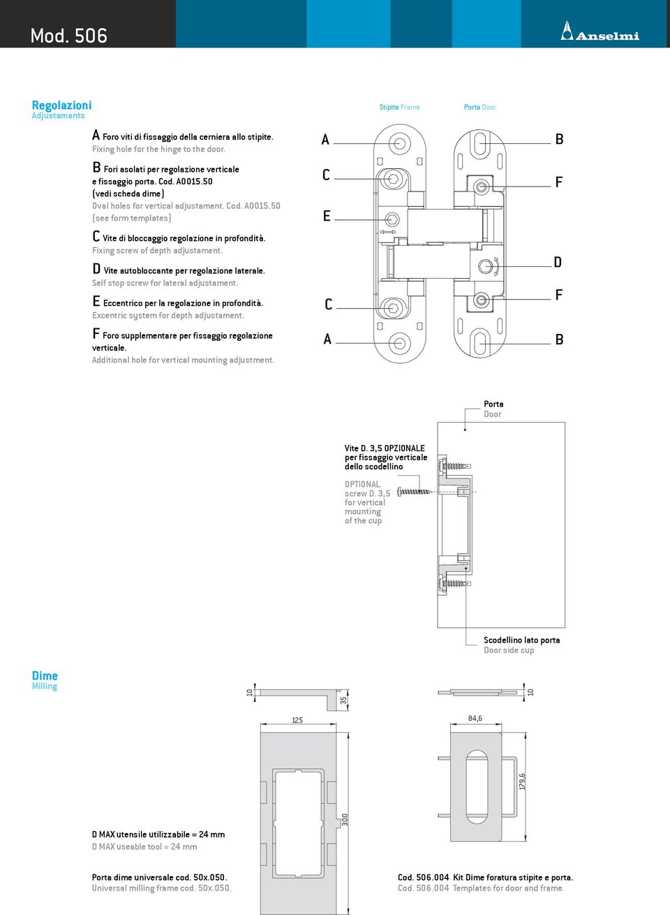 D Vite autobloccante per regolazione laterale. Self stop screw for lateral adjustament. E Eccentrico per la regolazione in profondità. Excentric system for depth adjustament.