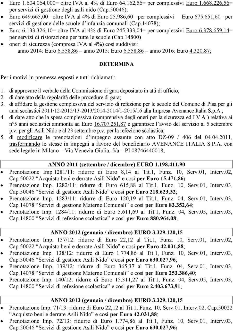 659,14= per servizi di ristorazione per tutte le scuole (Cap.14800) oneri di sicurezza (compresa IVA al 4%) così suddivisi: anno 2014: Euro 6.558,86 anno 2015: Euro 6.558,86 anno 2016: Euro 4.