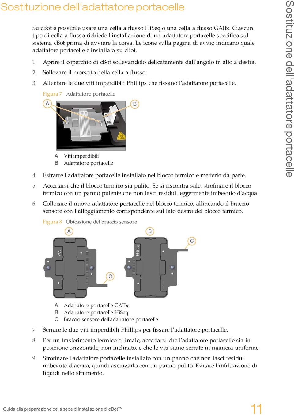 Le icone sulla pagina di avvio indicano quale adattatore portacelle è installato su cbot. 1 Aprire il coperchio di cbot sollevandolo delicatamente dall'angolo in alto a destra.