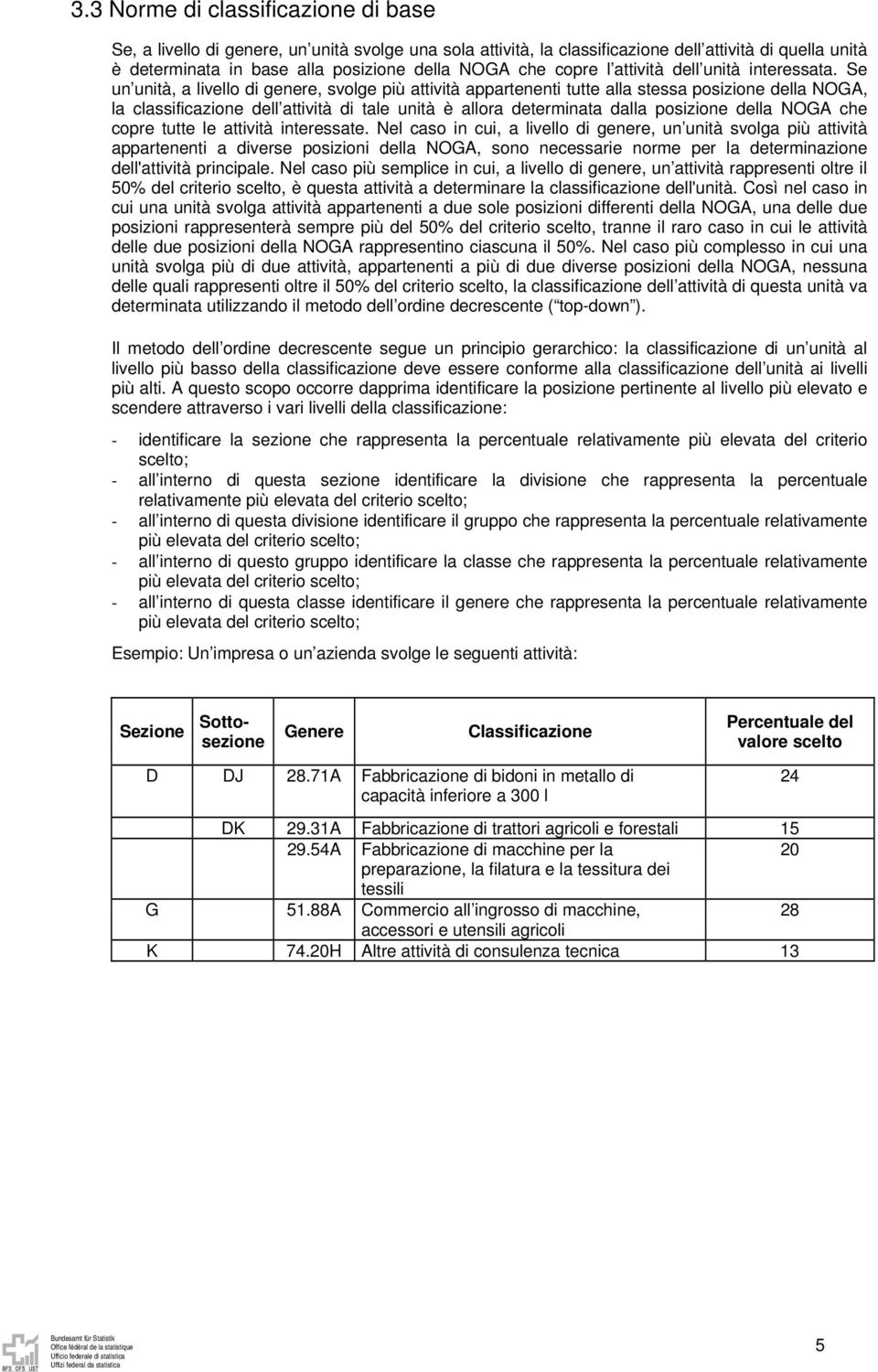 Se un unità, a livello di genere, svolge più attività appartenenti tutte alla stessa posizione della NOGA, la classificazione dell attività di tale unità è allora determinata dalla posizione della