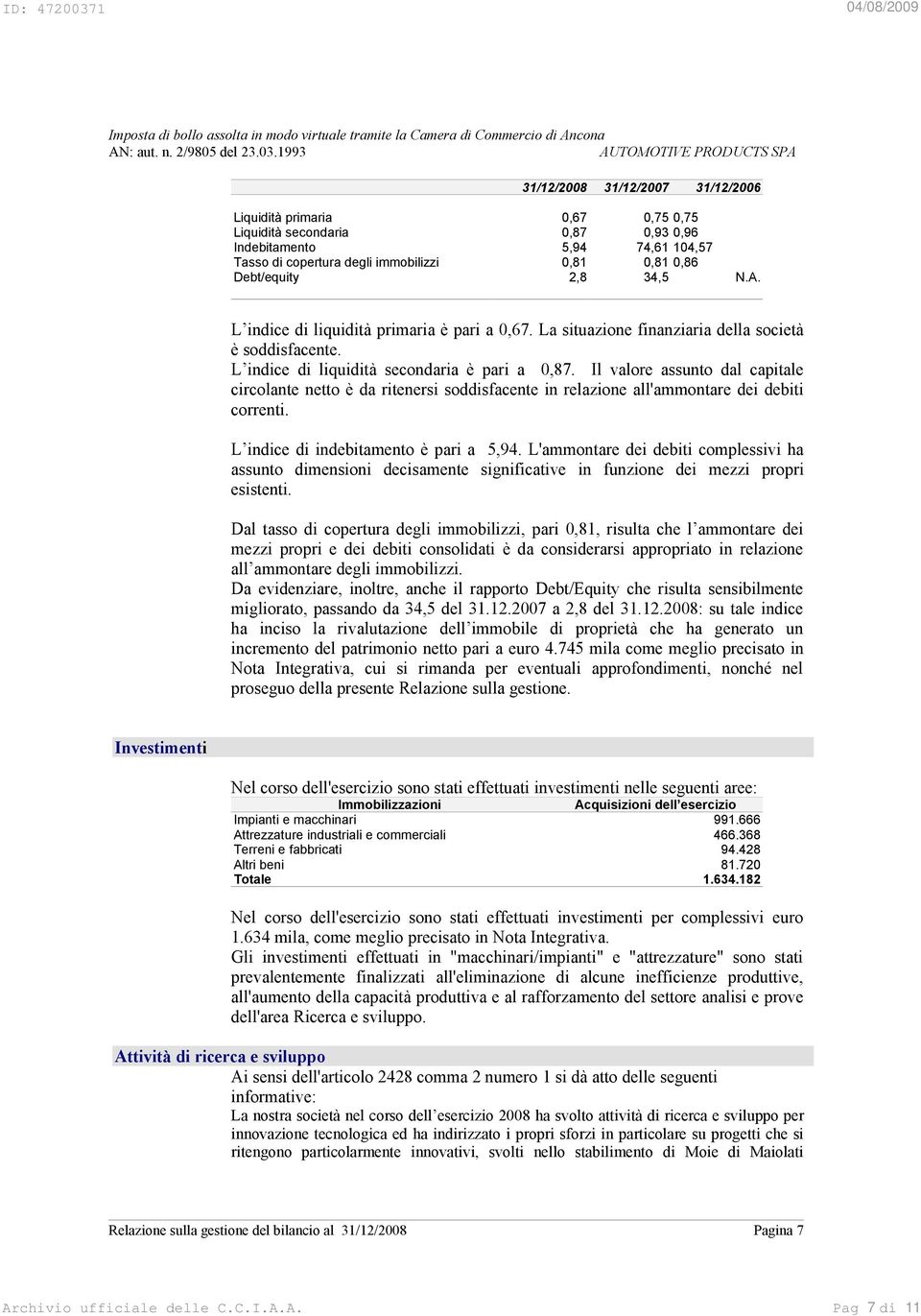 Il valore assunto dal capitale circolante netto è da ritenersi soddisfacente in relazione all'ammontare dei debiti correnti. L indice di indebitamento è pari a 5,94.