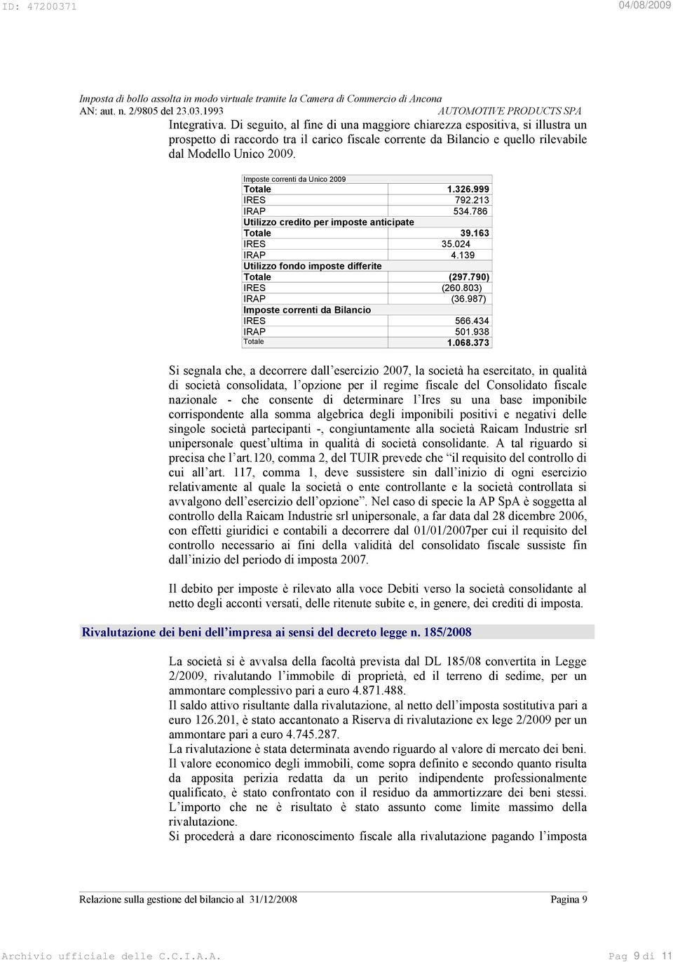 790) IRES (260.803) IRAP (36.987) Imposte correnti da Bilancio IRES 566.434 IRAP 501.938 Totale 1.068.