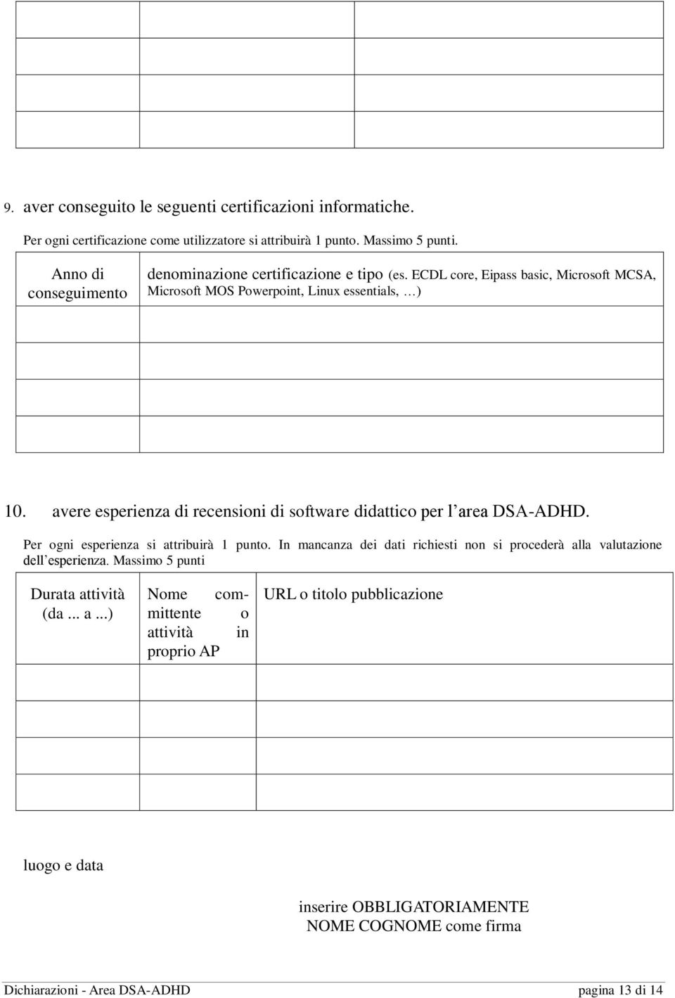 avere esperienza di recensioni di software didattico per l area DSA-ADHD. Per ogni esperienza si attribuirà 1 punto.