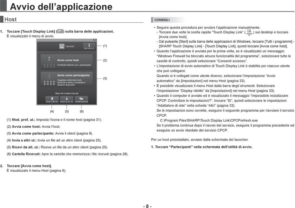 : Invia un file ad un altro client (pagina 25). (5) Ricevi da alt. ut.: Riceve un file da un altro client (pagina 25). (2) (3) Seguire questa procedura per avviare l applicazione manualmente.