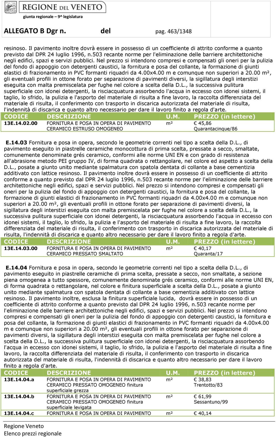 Nel prezzo si intendono compresi e compensati gli oneri per la pulizia del fondo di appoggio con detergenti caustici, la fornitura e posa del collante, la formazione di giunti elastici di