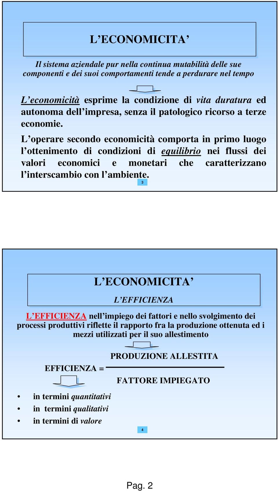 L operare secondo economicità comporta in primo luogo l ottenimento di condizioni di equilibrio nei flussi dei valori economici e monetari che caratterizzano l interscambio con l ambiente.