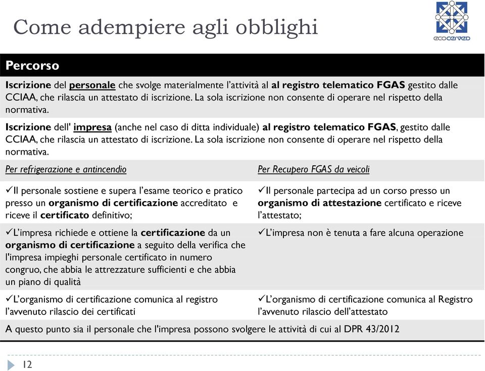 Iscrizione dell' impresa (anche nel caso di ditta individuale) al registro telematico FGAS, gestito dalle CCIAA, che rilascia i un attestato t t di iscrizione.