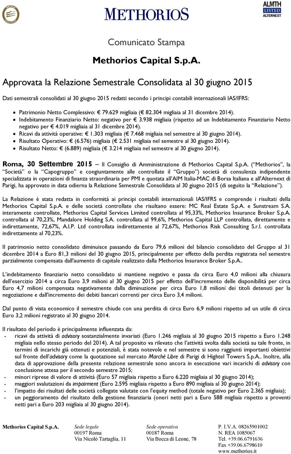 Complessivo: 79.629 migliaia ( 82.304 migliaia al 31 dicembre 2014). Indebitamento Finanziario Netto: negativo per 3.938 migliaia (rispetto ad un Indebitamento Finanziario Netto negativo per 4.