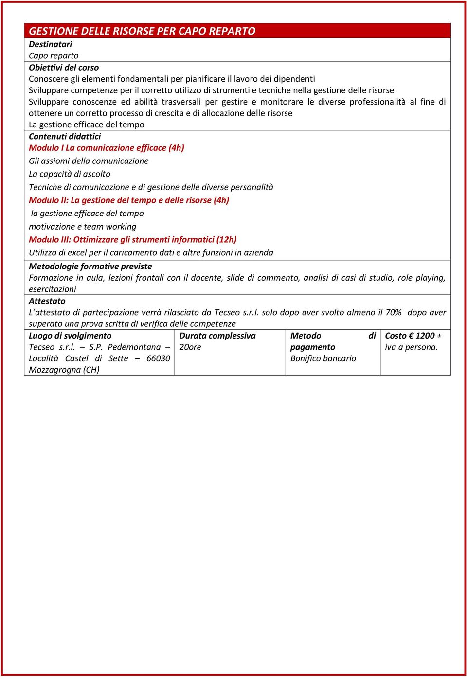 allocazione delle risorse La gestione efficace del tempo Modulo I La comunicazione efficace (4h) Gli assiomi della comunicazione La capacità di ascolto Tecniche di comunicazione e di gestione delle