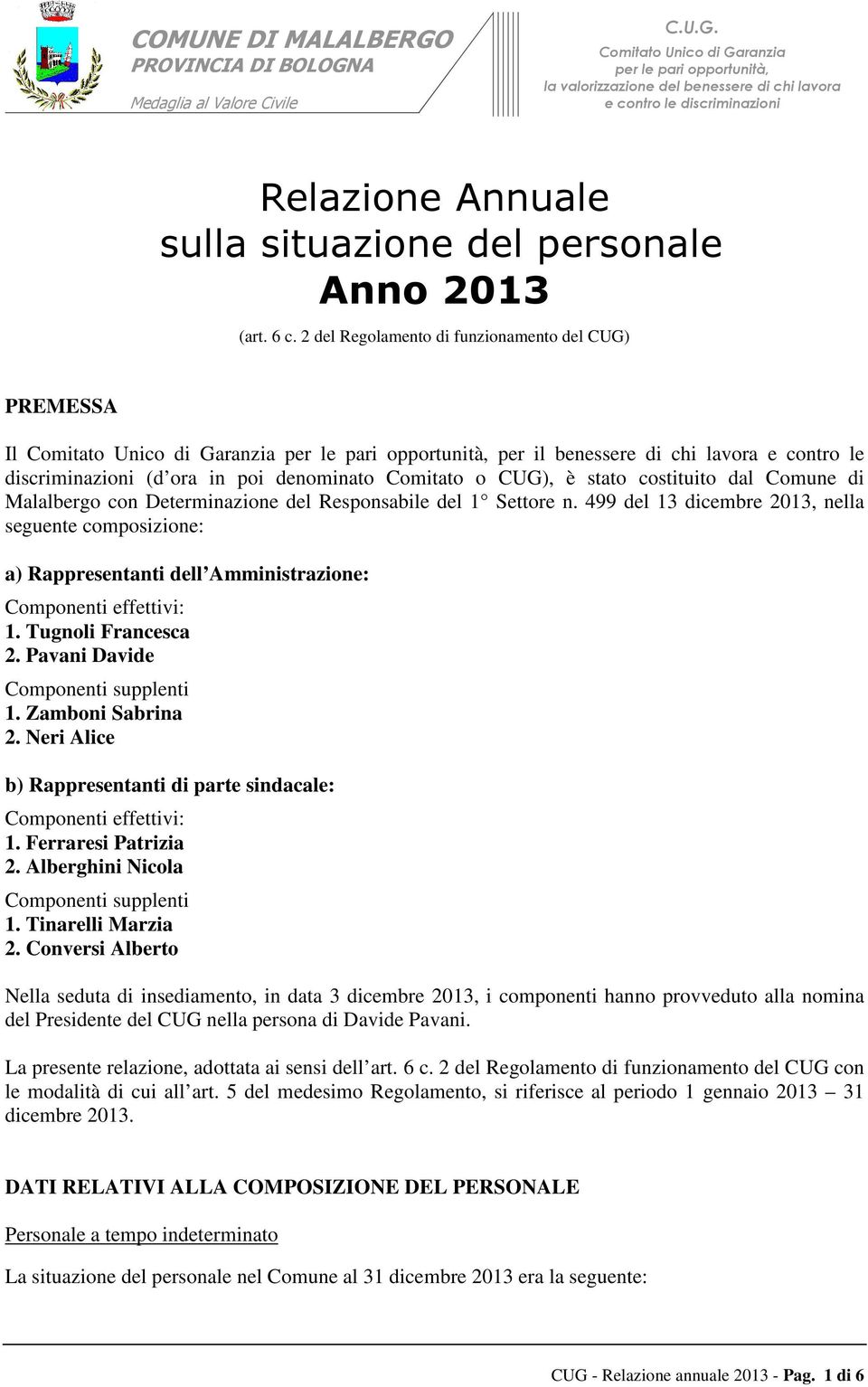 Malalbergo con Determinazione del Responsabile del 1 Settore n. 499 del 13 dicembre 2013, nella seguente composizione: a) Rappresentanti dell Amministrazione: Componenti effettivi: 1.