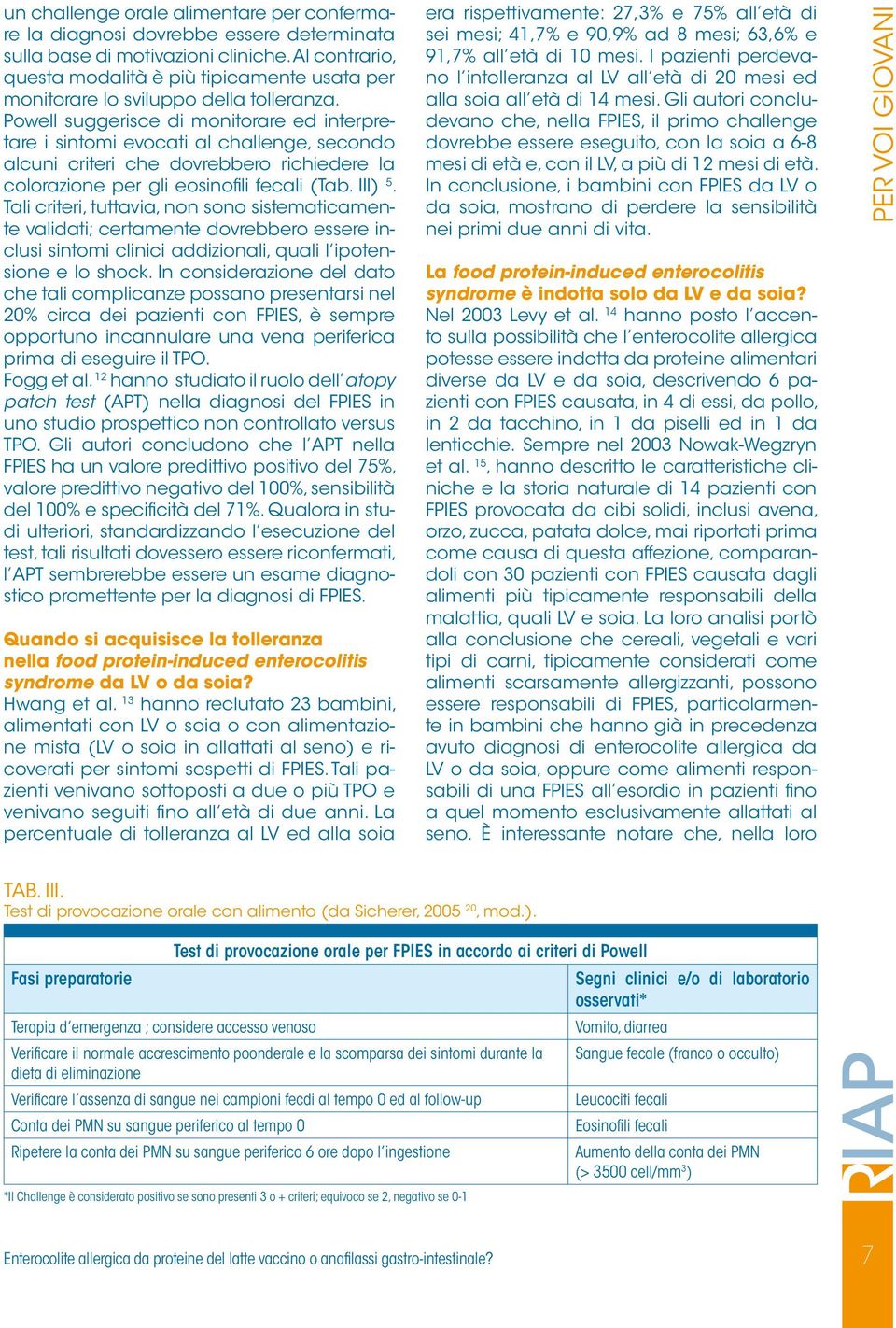 Powell suggerisce di monitorare ed interpretare i sintomi evocati al challenge, secondo alcuni criteri che dovrebbero richiedere la colorazione per gli eosinofi li fecali (Tab. III) 5.