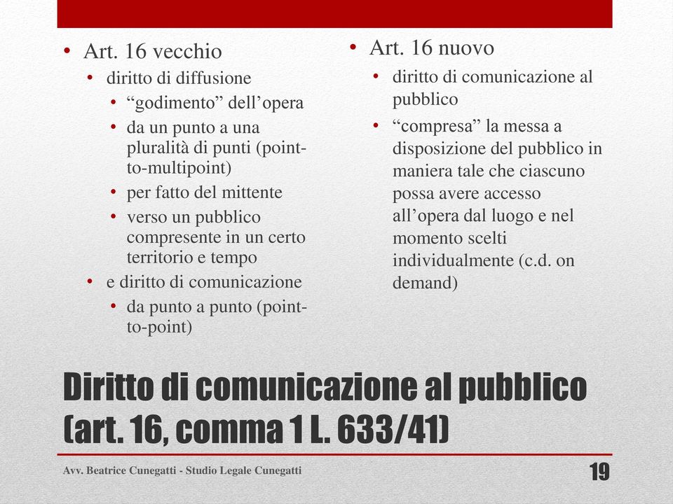 16 nuovo diritto di comunicazione al pubblico compresa la messa a disposizione del pubblico in maniera tale che ciascuno possa avere