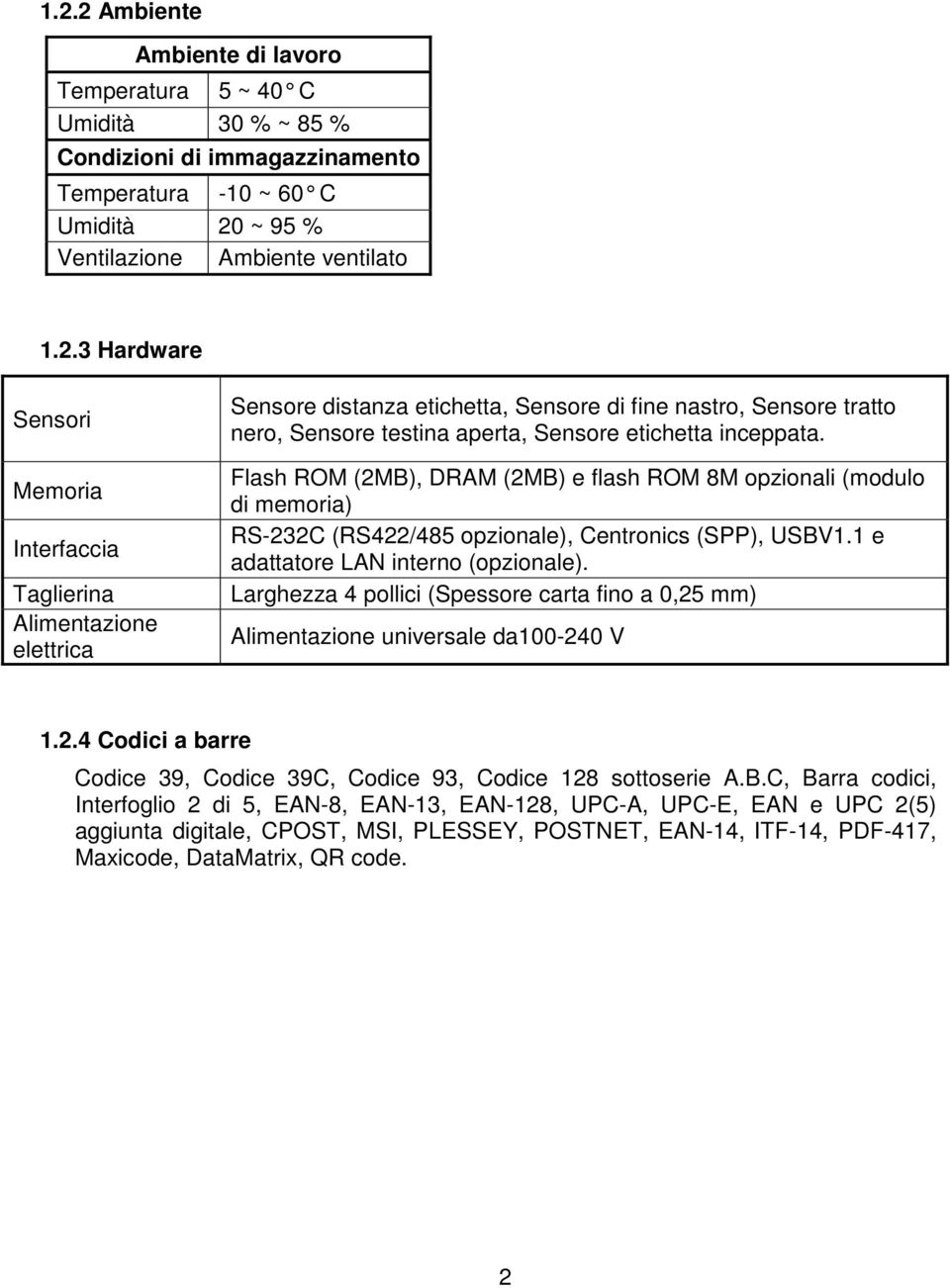 Flash ROM (2MB), DRAM (2MB) e flash ROM 8M opzionali (modulo di memoria) RS-232C (RS422/485 opzionale), Centronics (SPP), USBV1.1 e adattatore LAN interno (opzionale).