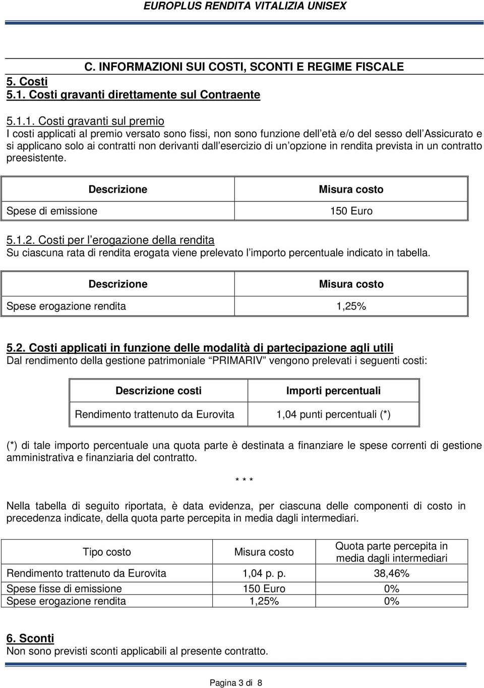 1. Costi gravanti sul premio I costi applicati al premio versato sono fissi, non sono funzione dell età e/o del sesso dell Assicurato e si applicano solo ai contratti non derivanti dall esercizio di