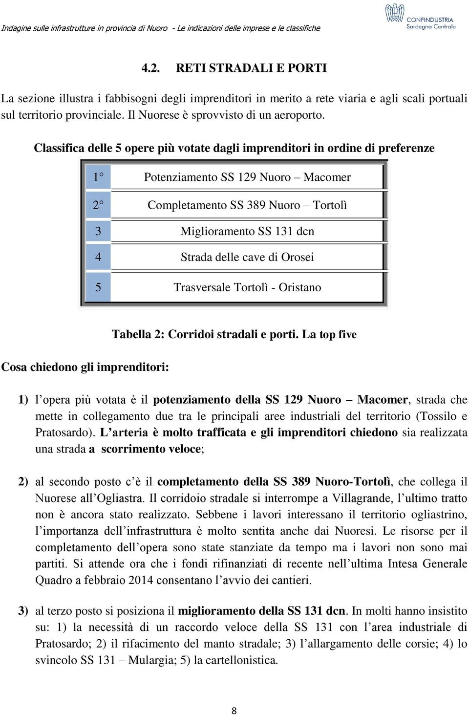 di Orosei 5 Trasversale Tortolì - Oristano Cosa chiedono gli imprenditori: Tabella 2: Corridoi stradali e porti.