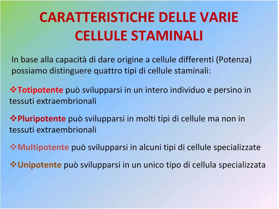 tessuti extraembrionali Pluripotente può svilupparsi in molti tipi di cellule ma non in tessuti extraembrionali