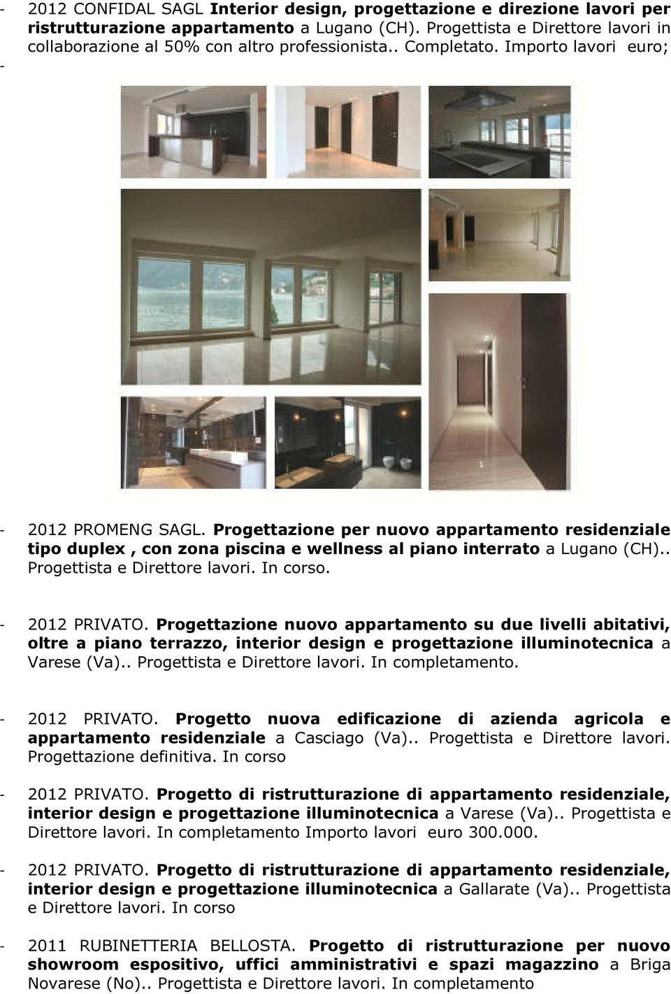Progettazione per nuovo appartamento residenziale tipo duplex, con zona piscina e wellness al piano interrato a Lugano (CH).. Progettista e Direttore lavori. In corso. - 2012 PRIVATO.