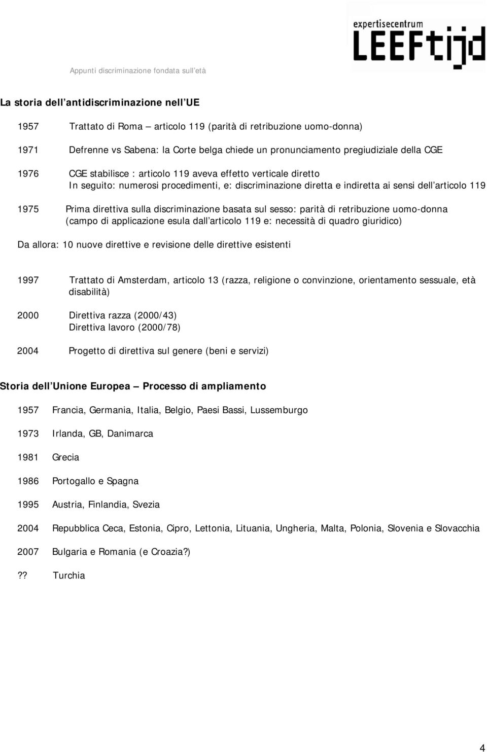 discriminazione basata sul sesso: parità di retribuzione uomo-donna (campo di applicazione esula dall articolo 119 e: necessità di quadro giuridico) Da allora: 10 nuove direttive e revisione delle