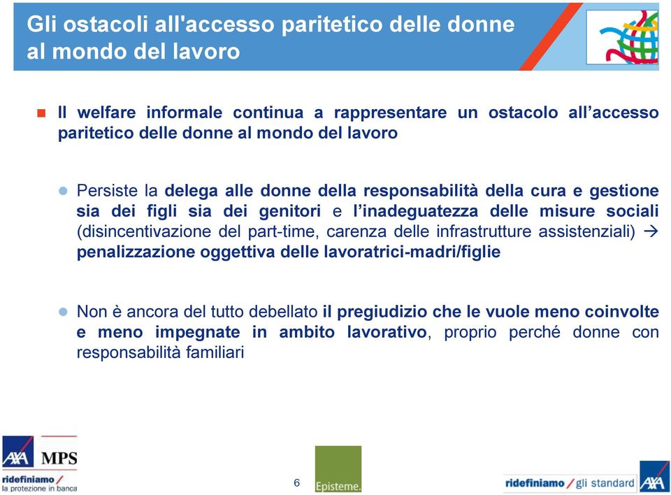 misure sociali (disincentivazione del part-time, carenza delle infrastrutture assistenziali) penalizzazione oggettiva delle lavoratrici-madri/figlie Non è