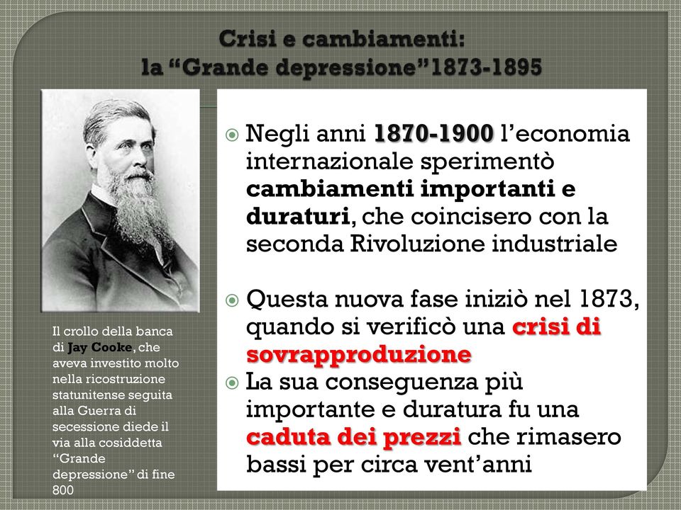 Guerra di secessione diede il via alla cosiddetta Grande depressione di fine 800 Questa nuova fase iniziò nel 1873, quando si