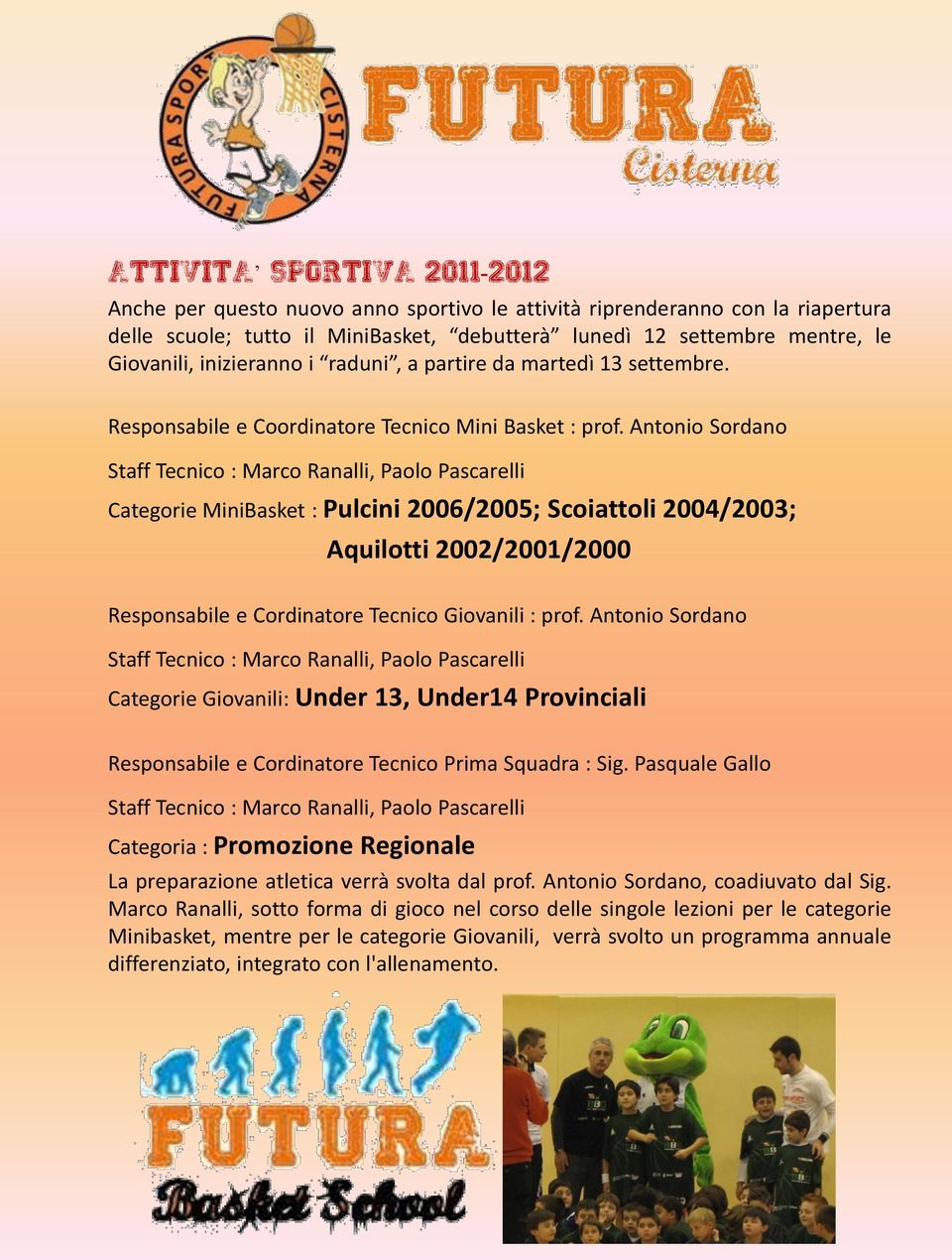 Antonio Sordano Staff Tecnico : Marco Ranalli, Paolo Pascarelli Categorie MiniBasket : Pulcini 2006/2005; Scoiattoli 2004/2003; Aquilotti 2002/2001/2000 Responsabile e Cordinatore Tecnico Giovanili :