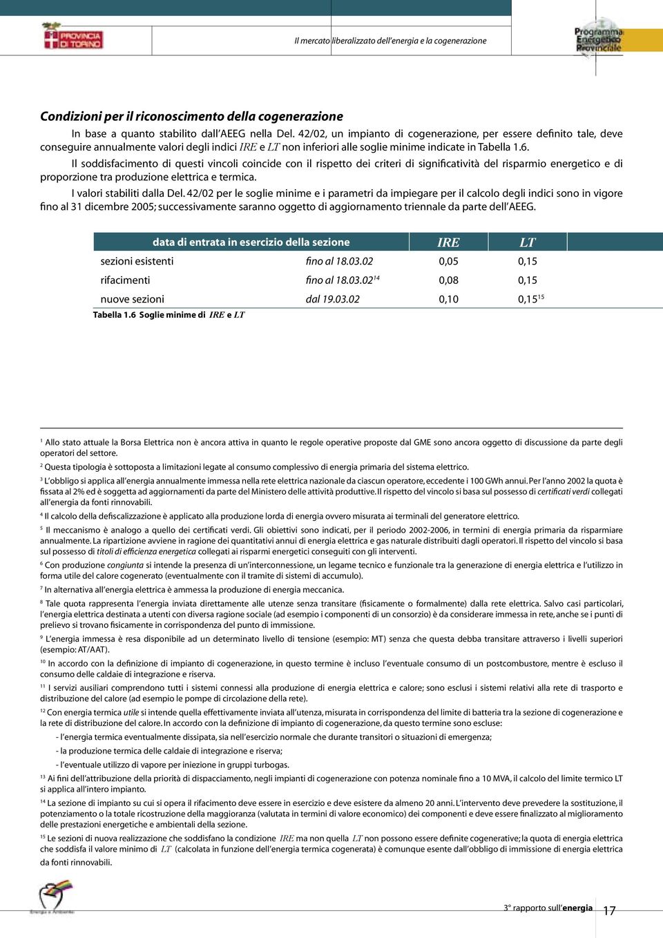 Il soddisfacimento di questi vincoli coincide con il rispetto dei criteri di significatività del risparmio energetico e di proporzione tra produzione elettrica e termica. I valori stabiliti dalla Del.