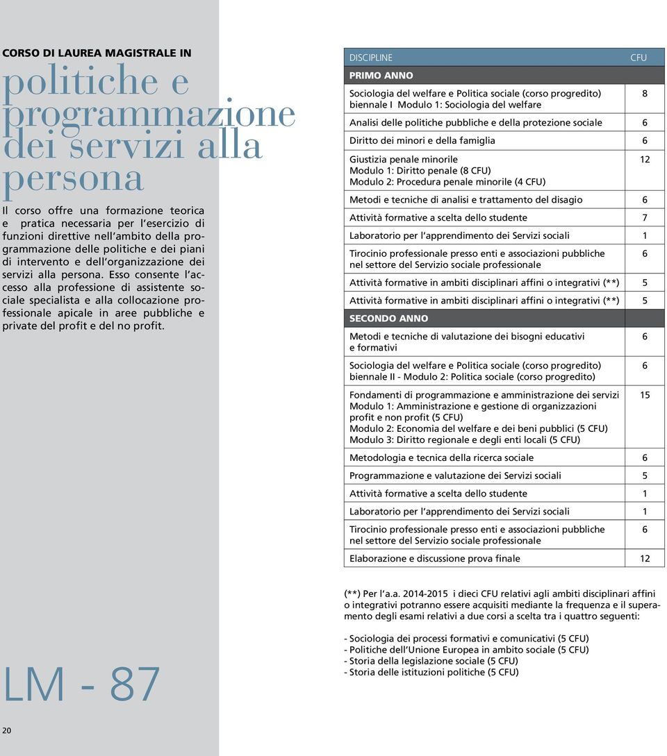 Esso consente l accesso alla professione di assistente sociale specialista e alla collocazione professionale apicale in aree pubbliche e private del profit e del no profit.