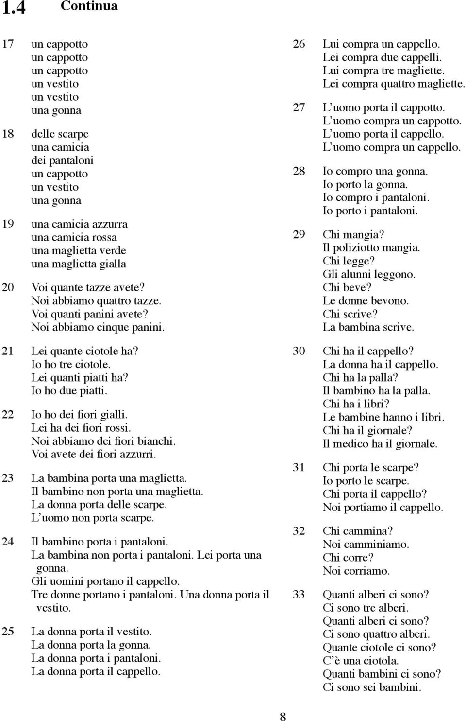 Lei quanti piatti ha? Io ho due piatti. 22 Io ho dei fiori gialli. Lei ha dei fiori rossi. Noi abbiamo dei fiori bianchi. Voi avete dei fiori azzurri. 23 La bambina porta una maglietta.