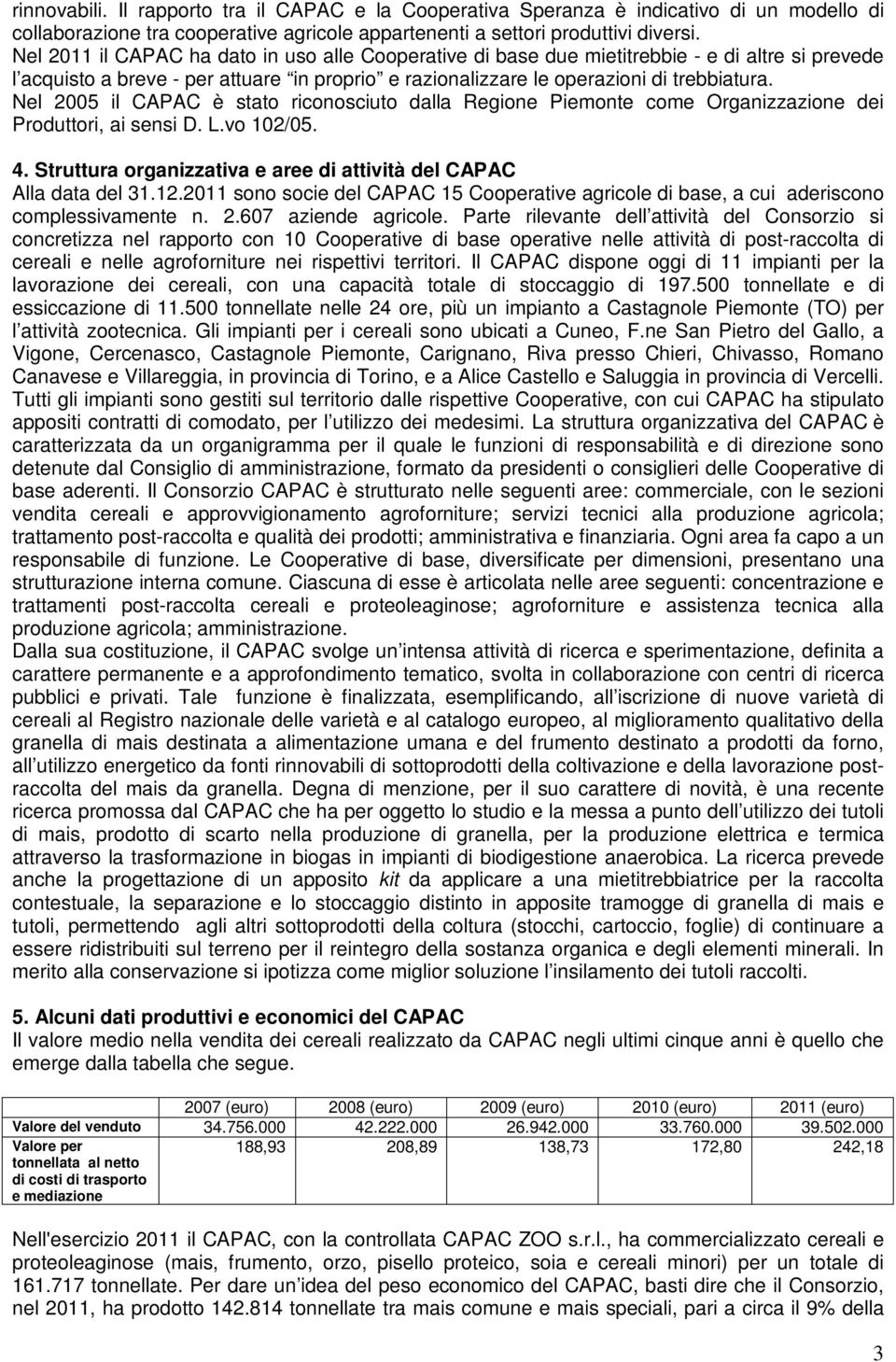 Nel 2005 il CAPAC è stato riconosciuto dalla Regione Piemonte come Organizzazione dei Produttori, ai sensi D. L.vo 102/05. 4. Struttura organizzativa e aree di attività del CAPAC Alla data del 31.12.