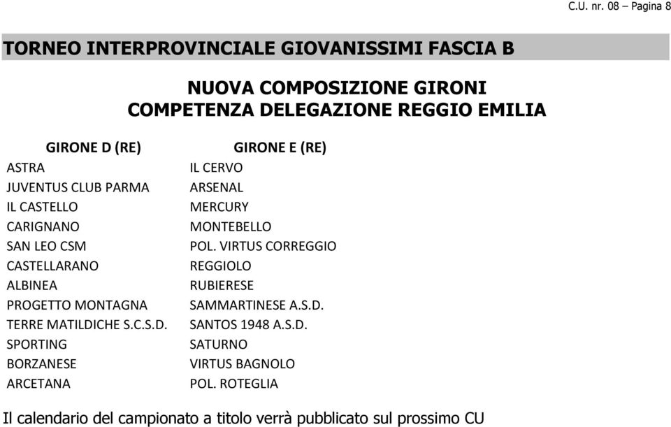 (RE) GIRONE E (RE) ASTRA IL CERVO JUVENTUS CLUB PARMA ARSENAL IL CASTELLO MERCURY CARIGNANO MONTEBELLO SAN LEO CSM POL.