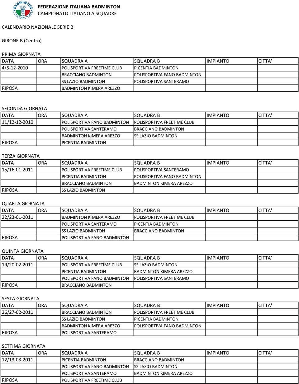22/23-01-2011 BADMINTON KIMERA AREZZO POLISPORTIVA FREETIME CLUB POLISPORTIVA SANTERAMO POLISPORTIVA FANO BADMINTON 19/20-02-2011 POLISPORTIVA FREETIME CLUB BADMINTON KIMERA AREZZO POLISPORTIVA FANO
