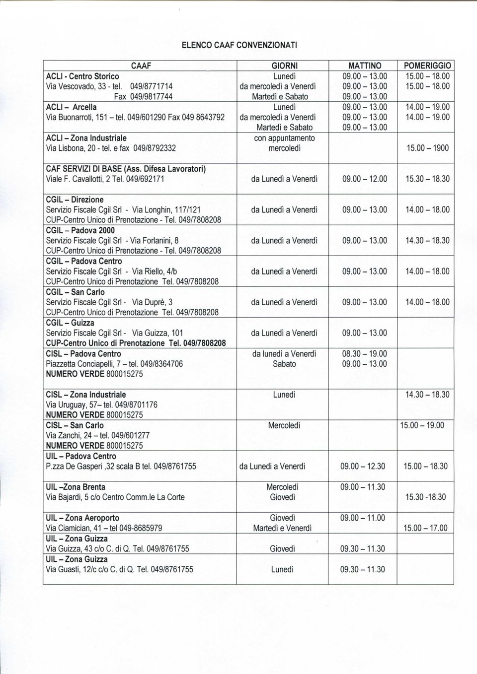 00 Lunedì da mercoledì a Venerdì Martedì e Sabato 14.00-19.00 14.00-19.00 con appuntamento mercoledì 15.00-1900 CAF SERVIZI BASE (Ass. Difesa Lavoratori) Viale F. Cavallotti, 2 Tel.