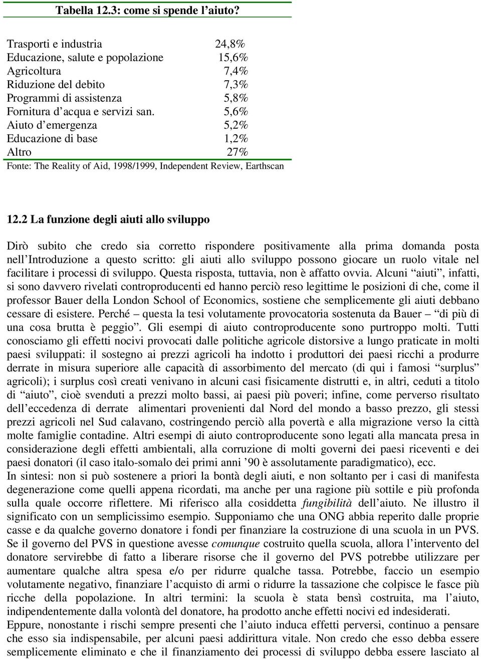 5,6% Aiuto d emergenza 5,2% Educazione di base 1,2% Altro 27% Fonte: The Reality of Aid, 1998/1999, Independent Review, Earthscan 12.