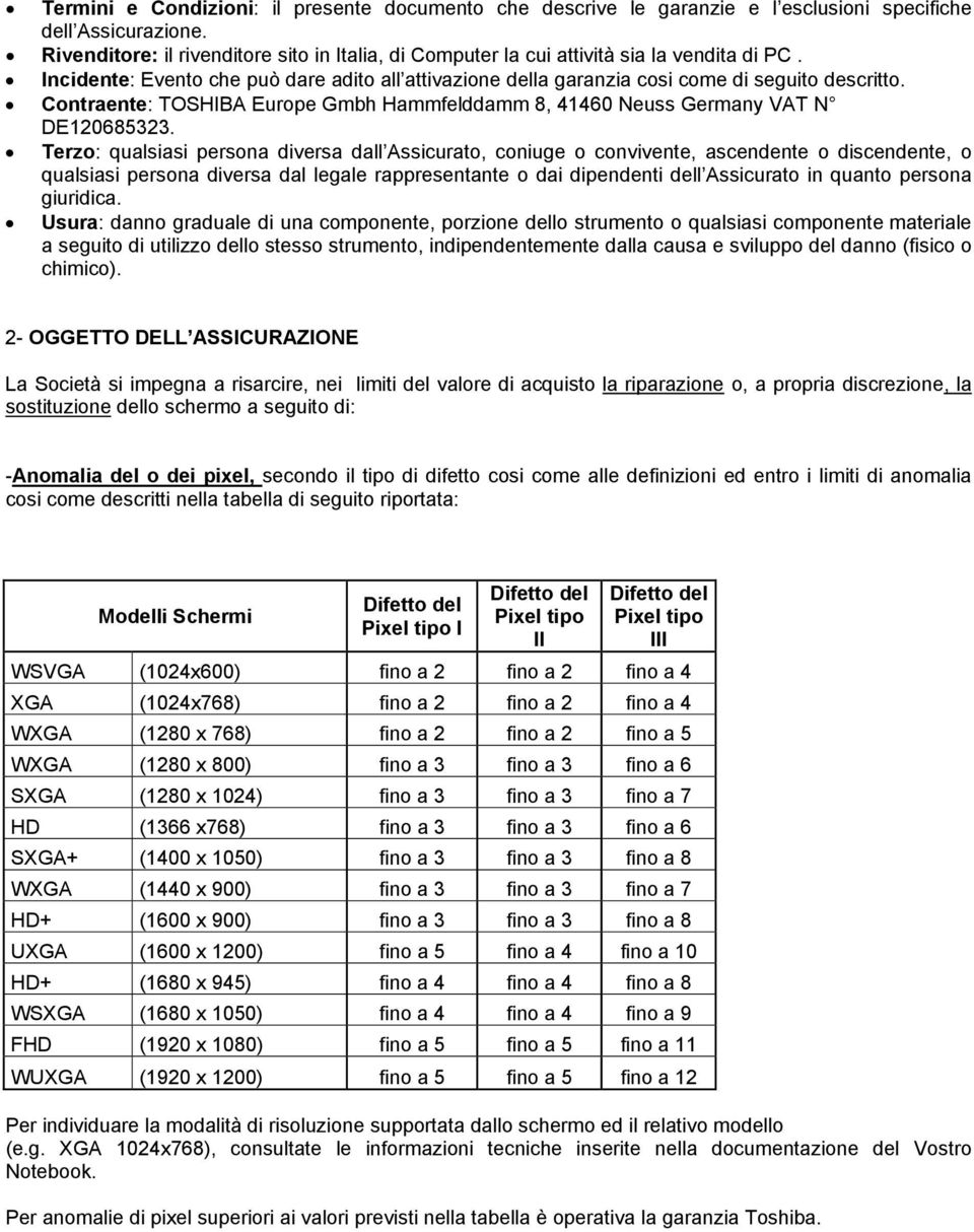 Contraente: TOSHIBA Europe Gmbh Hammfelddamm 8, 41460 Neuss Germany VAT N DE120685323.