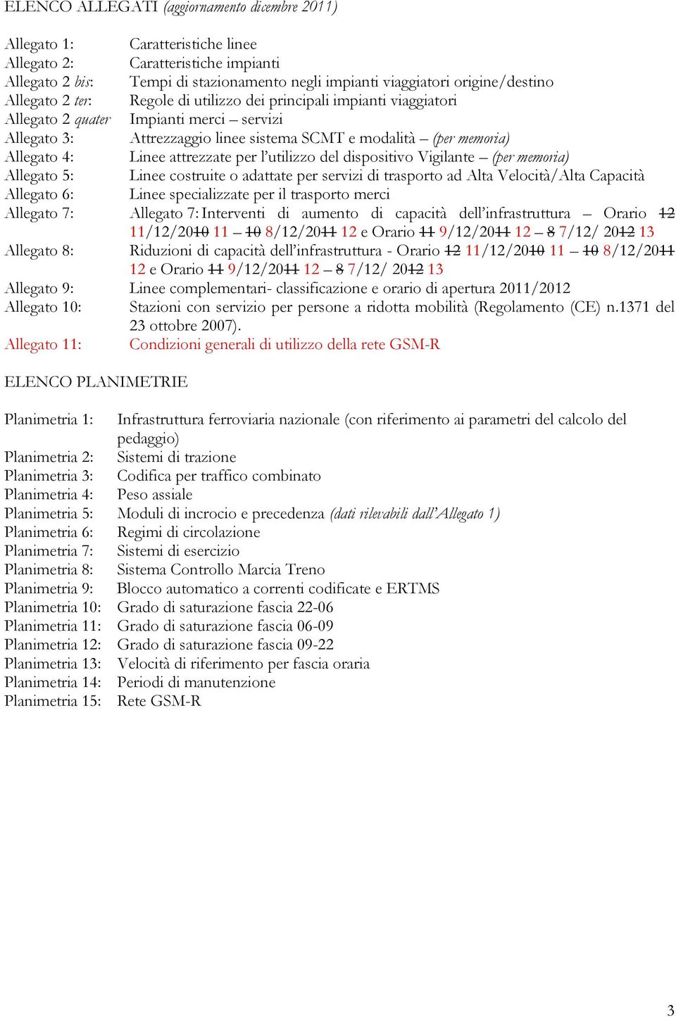 attrezzate per l utilizzo del dispositivo Vigilante (per memoria) Allegato 5: Linee costruite o adattate per servizi di trasporto ad Alta Velocità/Alta Capacità Allegato 6: Linee specializzate per il